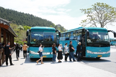 共赴山海之约!63台苏州金龙海格客车投放崂山景区